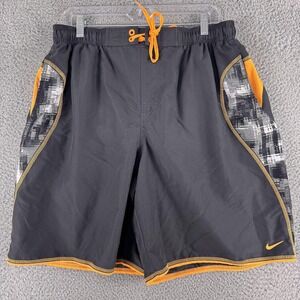 Nike Swim Shorts Mens 2XL Gray Orange Drawstring Mesh Lined Polyester Athletic‎